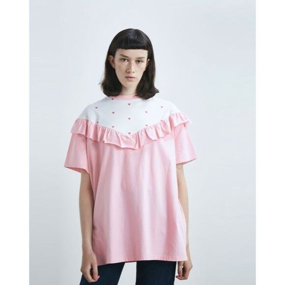 Lazy Oaf Frilly Hearts Tee Shirt Mini Dress Pink Ruffle One Size Womens OS - Picture 1 of 11